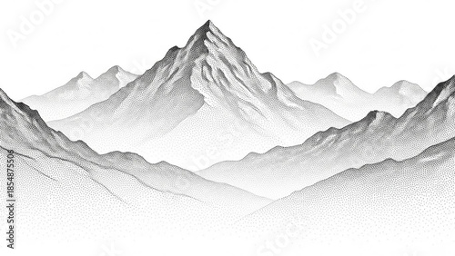 A detailed black and white illustration of a rugged mountain range with a prominent peak, misty atmosphere, and a clean white background