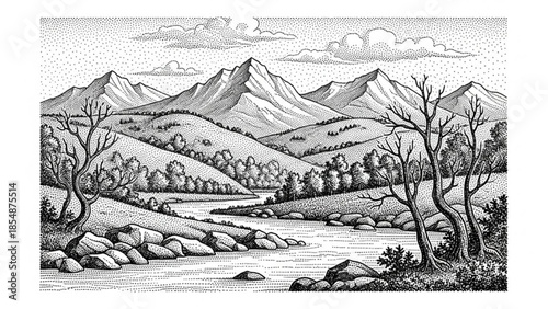 Serene mountain landscape with river, trees, and rocks under cloudy sky, natural scenery, landscape illustration, black and white