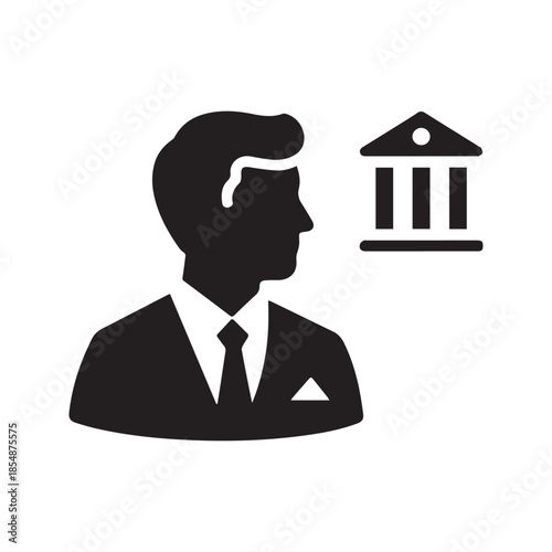 Businessman or banker icon with bank building institution symbol
