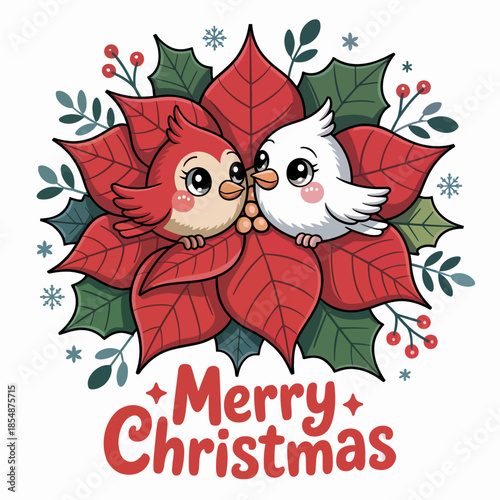 birds, one red and one white, snuggle together atop a vibrant poinsettia.