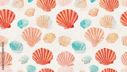 Watercolor pattern of scallop shells on off white background