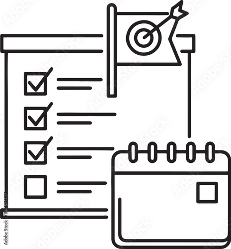 A simple line drawing of a to do list with a calendar and target flag