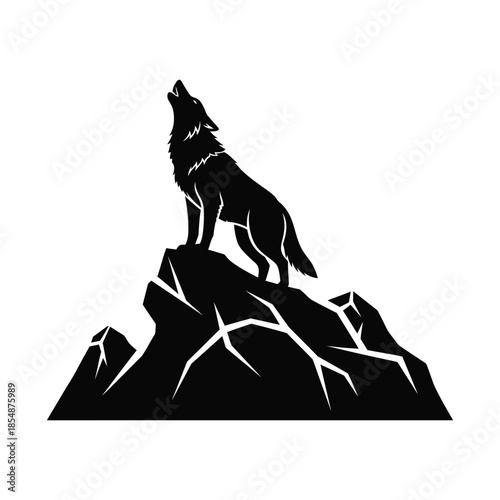 A majestic wolf howling atop rocky terrain captured in a striking black silhouette