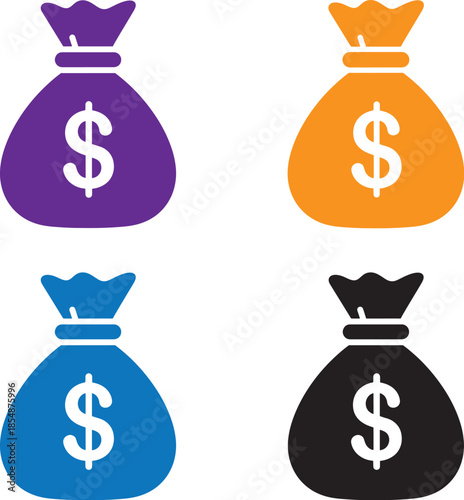 A set of four colorful money bag icons with dollar signs