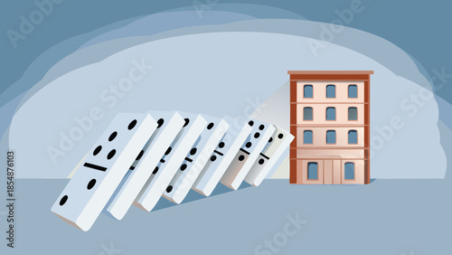 Flat vector illustration of dominoes arranged into falling line hitting building
