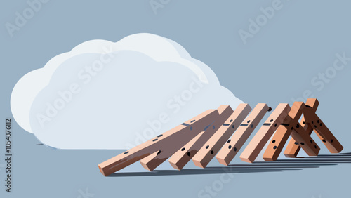 Flat vector illustration of dominos collapsing in a chain reaction with a cloud