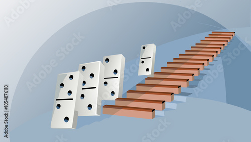 Flat vector illustration of dominoes arranged into a staircase on a blue background with white