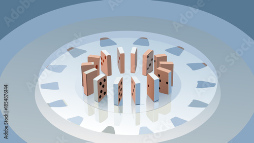 A flat vector illustration of dominos forming a prot, dominoes standing in a circle on a white