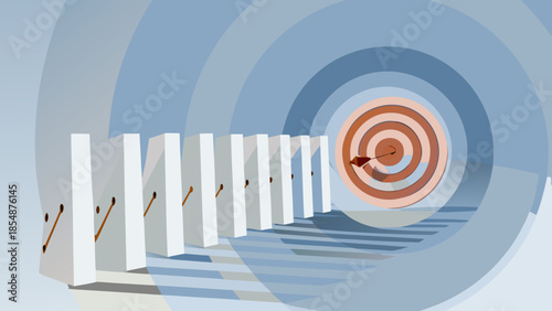 Flat vector illustration of dominoes falling toward dartboard with bullseye, business concept