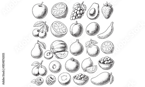 Fresh Fruits Icons Set Apple Banana Orange Avocado Tropical Vector Illustration