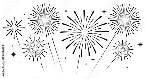 Elegant blue fireworks burst and sparkling stars on clean white background, festive celebration illustration for New Year, holiday party, greeting card, luxury event design, minimalist style vector.