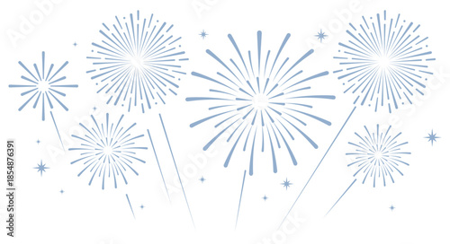 Elegant blue fireworks burst and sparkling stars on clean white background, festive celebration illustration for New Year, holiday party, greeting card, luxury event design, minimalist style vector.