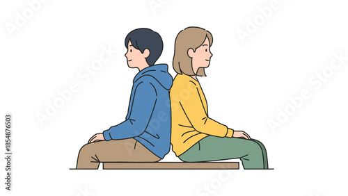 Young Couple Sitting Back to Back on Bench Facing Opposite Directions Modern Flat Illustration