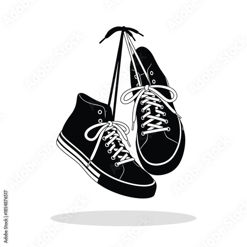 Pair of black high top sneakers with laces hanging in the air silhouette