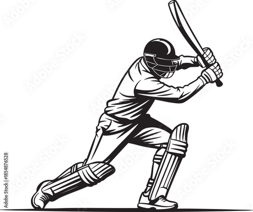 A black and white illustration of a cricket player preparing to hit