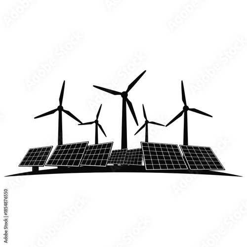 Wind turbines and solar panels in a striking black and white silhouette