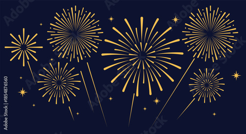 Elegant gold fireworks burst and sparkling stars on clean blue background, festive celebration illustration for New Year, holiday party, greeting card, luxury event design, minimalist style vector.