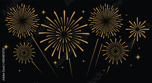 Elegant gold fireworks burst and sparkling stars on clean black background, festive celebration illustration for New Year, holiday party, greeting card, luxury event design, minimalist style vector.