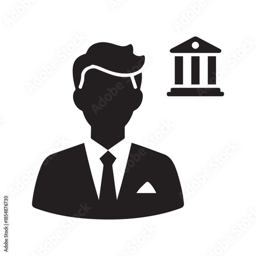 Businessman or banker icon with bank building institution symbol
