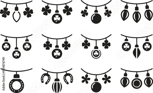 Decorative clover garland icon set, hanging lucky ornaments silhouette, vector illustration isolated on white background