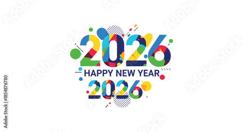 Colorful new year 2026 celebration graphic with confetti and festive text design elements