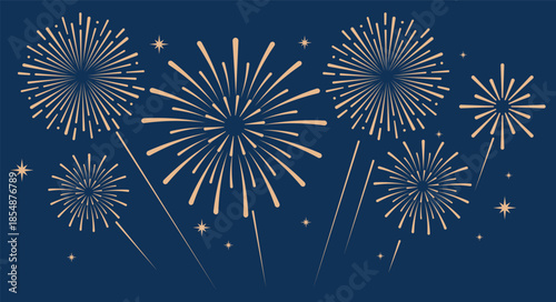 Elegant gold fireworks burst and sparkling stars on clean blue background, festive celebration illustration for New Year, holiday party, greeting card, luxury event design, minimalist style vector.