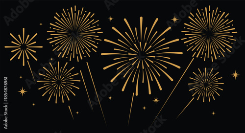 Elegant gold fireworks burst and sparkling stars on clean black background, festive celebration illustration for New Year, holiday party, greeting card, luxury event design, minimalist style vector.