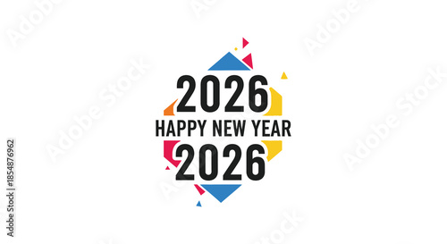A vibrant graphic design announces the upcoming year of 2026 with festive elements and bold text