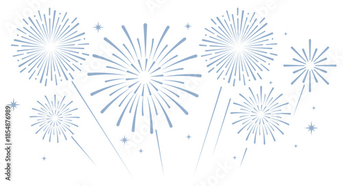 Elegant blue fireworks burst and sparkling stars on clean white background, festive celebration illustration for New Year, holiday party, greeting card, luxury event design, minimalist style vector.