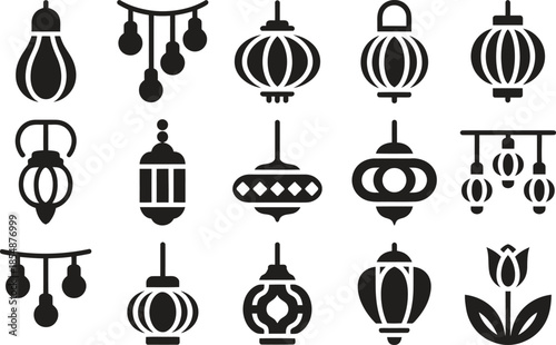 Hanging lantern icon set, decorative festival lamps silhouette, vector illustration isolated on white background