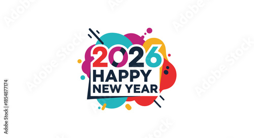 A vibrant and colorful design celebrating the upcoming year 2026 with a happy new year message