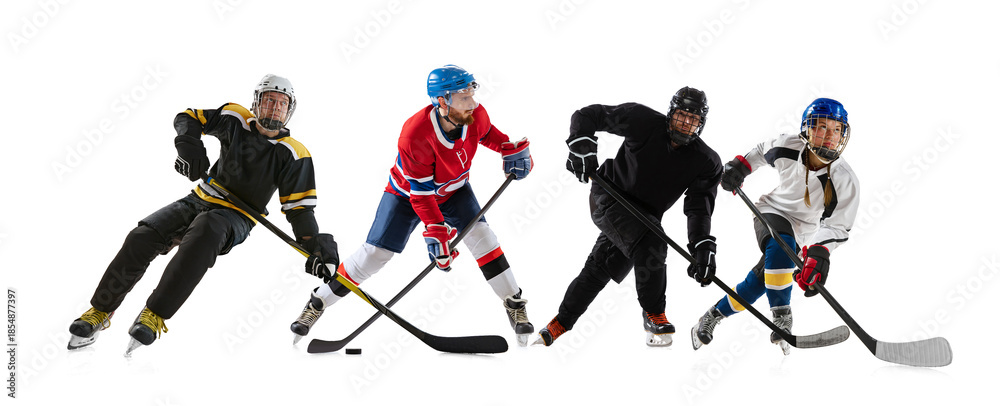 Obraz premium Composition of hockey players dynamic action isolated on white background. Concept of team play, sports promotion, commercial advertising, training visuals, and competitive performance marketing.