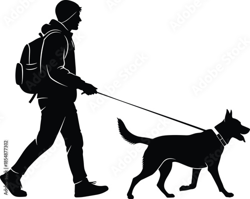 Black silhouette of a man with a backpack walking a dog on a leash isolated on white background vector illustration