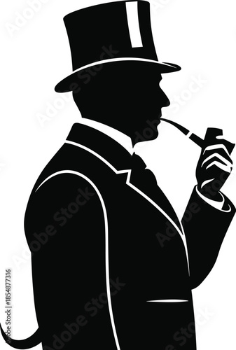 Black silhouette of vintage gentleman wearing top hat and smoking tobacco pipe isolated on white background for retro design
