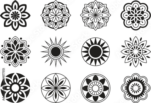 Mandala icon set, decorative floral geometric meditation symbols, flat black vector illustration isolated on white background