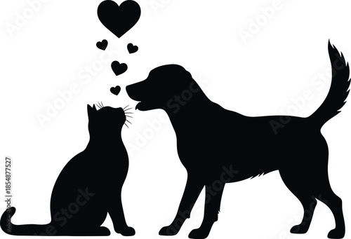 Cute dog and cat silhouette vector illustration kissing with love hearts isolated on white background symbol of pet friendship and affection