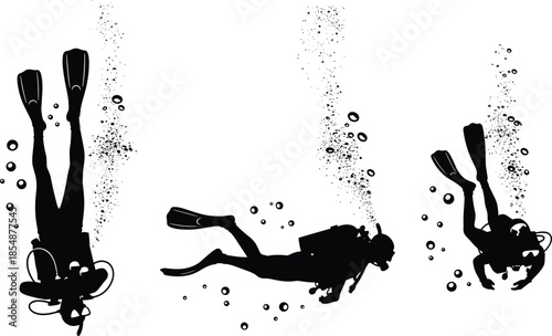 Collection of isolated black vector silhouettes of scuba divers swimming underwater with air bubbles for adventure and ocean sport design