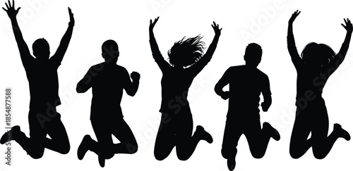 Group of happy people silhouettes jumping in the air with raised hands celebrating success and freedom isolated on white background.
