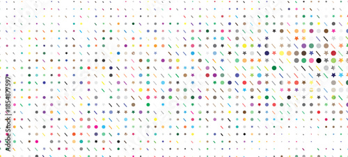 Set of simple cute colorful abstract seamless patterns of multicolored festive streamers and round confetti on a light background, vector illustration, flat style