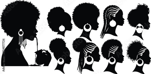 Set of African American woman silhouettes with natural hairstyles and earrings isolated on white background beauty vector illustration collection