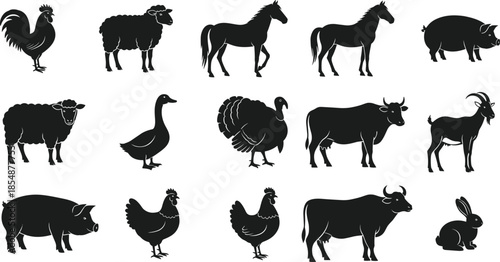 Set of black silhouettes of farm animals livestock collection including horse cow pig and sheep isolated on white background