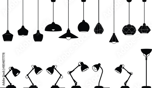 Set of black silhouettes of hanging pendant lights and desk lamps isolated on white background interior design vector illustration