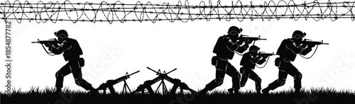 Set of black silhouettes of soldiers fighting in war with weapons and barbed wire isolated on white background military vector illustration