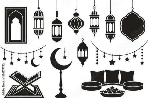 Islamic Ramadan decoration icon set, lantern moon prayer and mosque symbols, flat black vector illustration isolated on white background