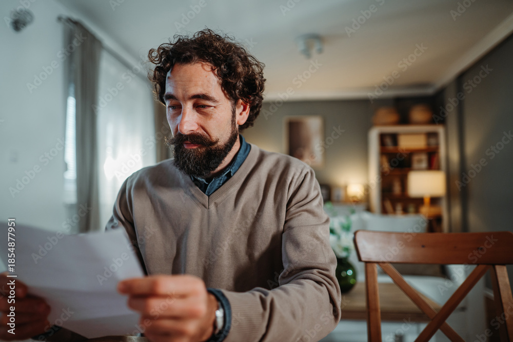 Fototapeta premium Man concentrating reading document at home feeling concerned