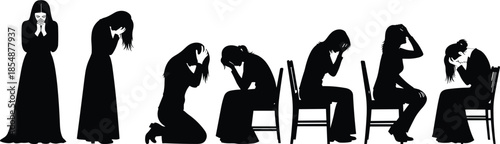 Set of sad woman silhouettes crying praying and sitting in despair isolated on white background mental health concept vector illustration