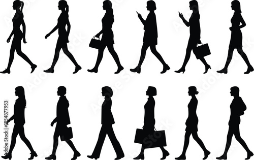 Business people walking silhouette icon set, professional men and women poses, flat black vector illustration isolated on white background