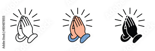 Prayer and respect icon set for religious spiritual concept and gratitude with folded hands in linear vector illustration style