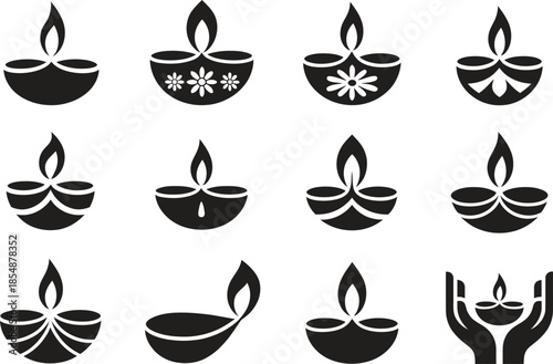 Diwali lamp icon set, traditional diya festival symbols, flat black vector illustration isolated on white background