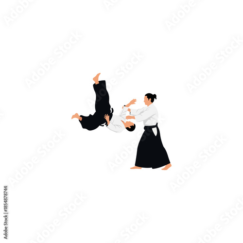 Two martial artists performing a high kick throw during training.